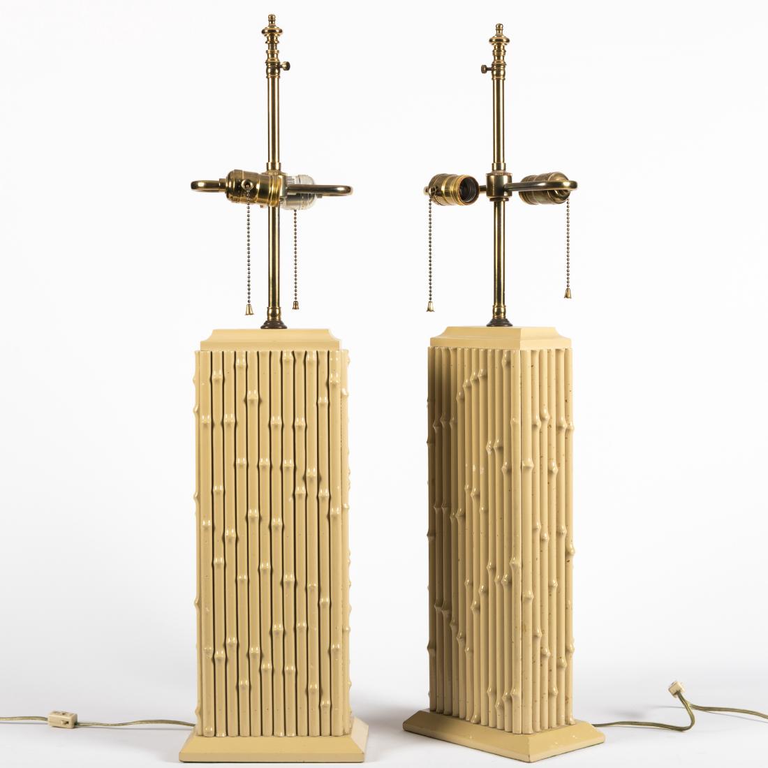 Pair James Mont Bamboo Lamps: Description - Pair of lamps by James Mont. Dimensions - Body - 18" x 6.5" x 4.5"