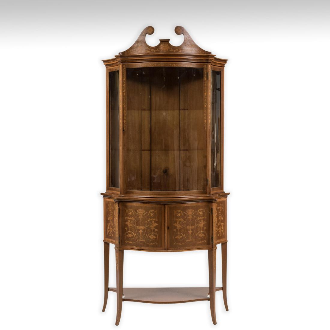 Two Part Marquetry Curio Cabinet: Description - A two part, marquetry curio cabinet. Dimensions - 81" x 37.5" x 11"