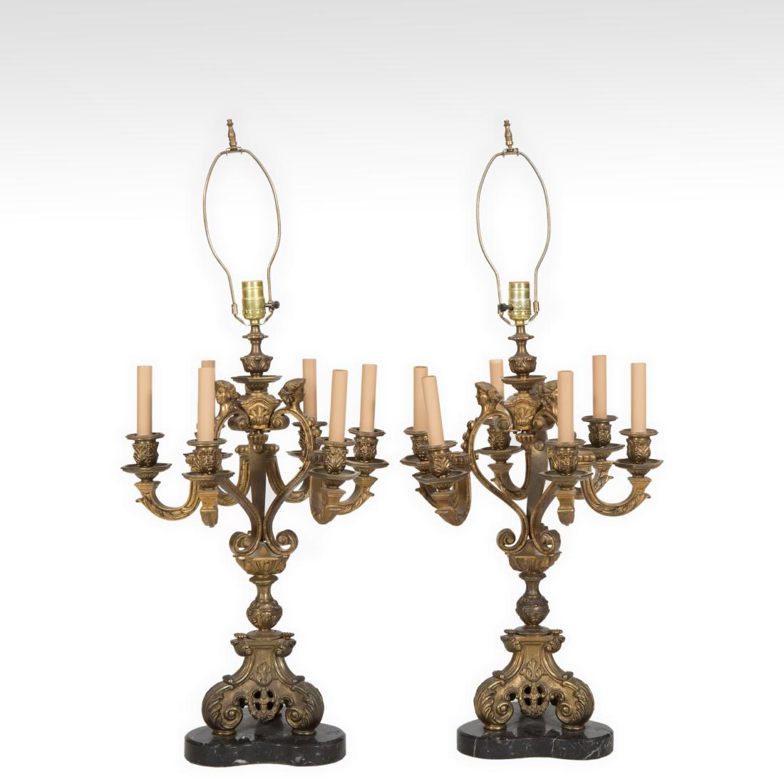 Pair Bronze Candelabras on Marble Base (1 of 2)