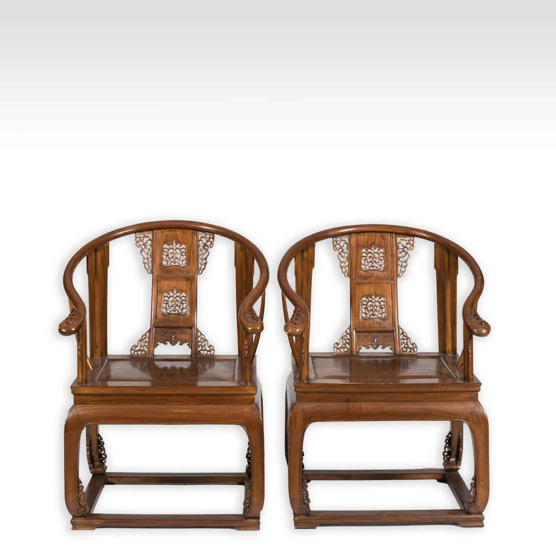 Pair Yew Wood Carved Chinese Arm Chairs (1 of 7)