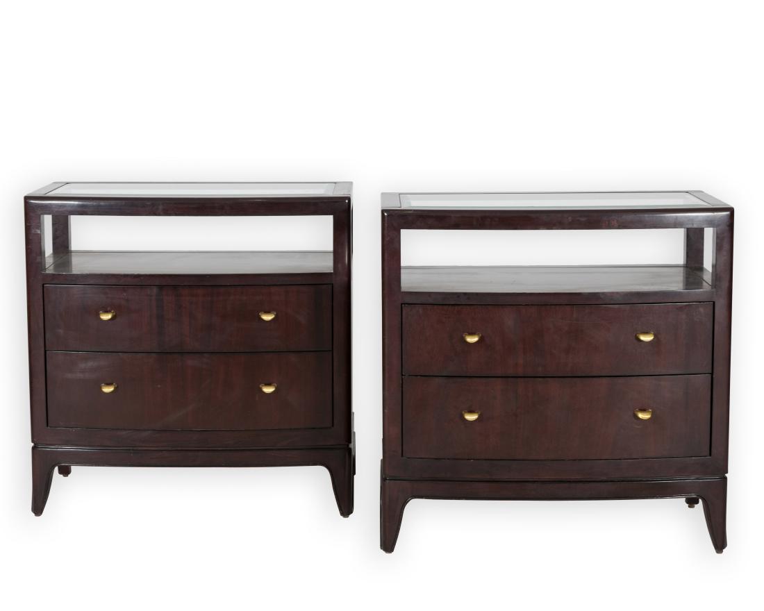 Pair Thomasville Glass Top Nightstands: Description - A pair of Thomasville mid century style glass top nightstands. Dimensions - 33" x 32" x 18"