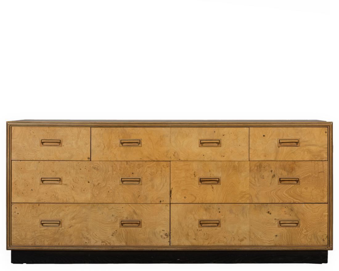 Henredon Burled Credenza: Description - A Henredon burled credenza. Dimensions - 28" x 64" x 18"