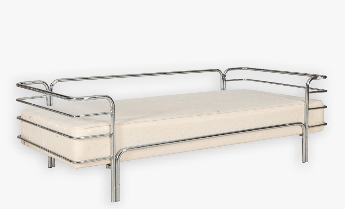 Bauhaus Inspired Chrome Daybed: Description - A Bauhaus inspired chrome daybed. Dimensions - 25" x 89" x 39"