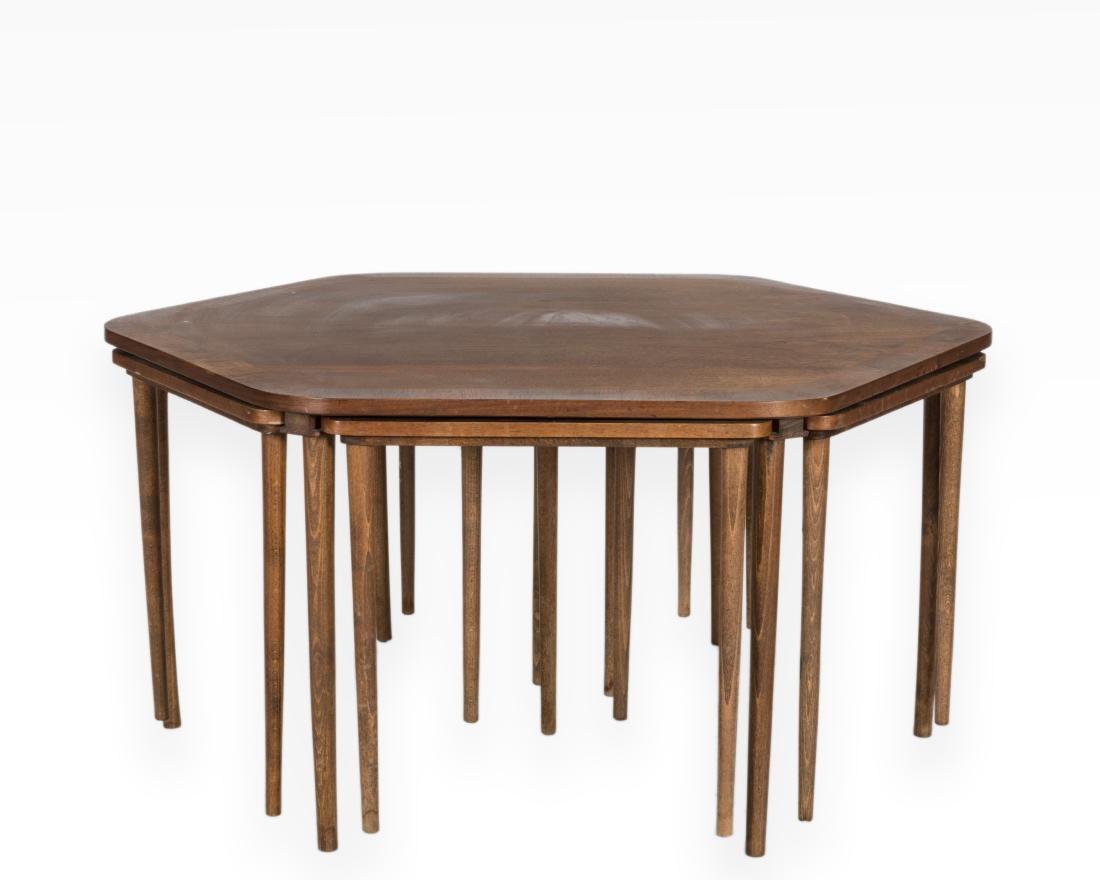 Set Six Nesting Hexagonal Tables: Description - A set of six nesting hexagonal tables. Dimensions - Large - 18" x 34" Small - 16" x 15"