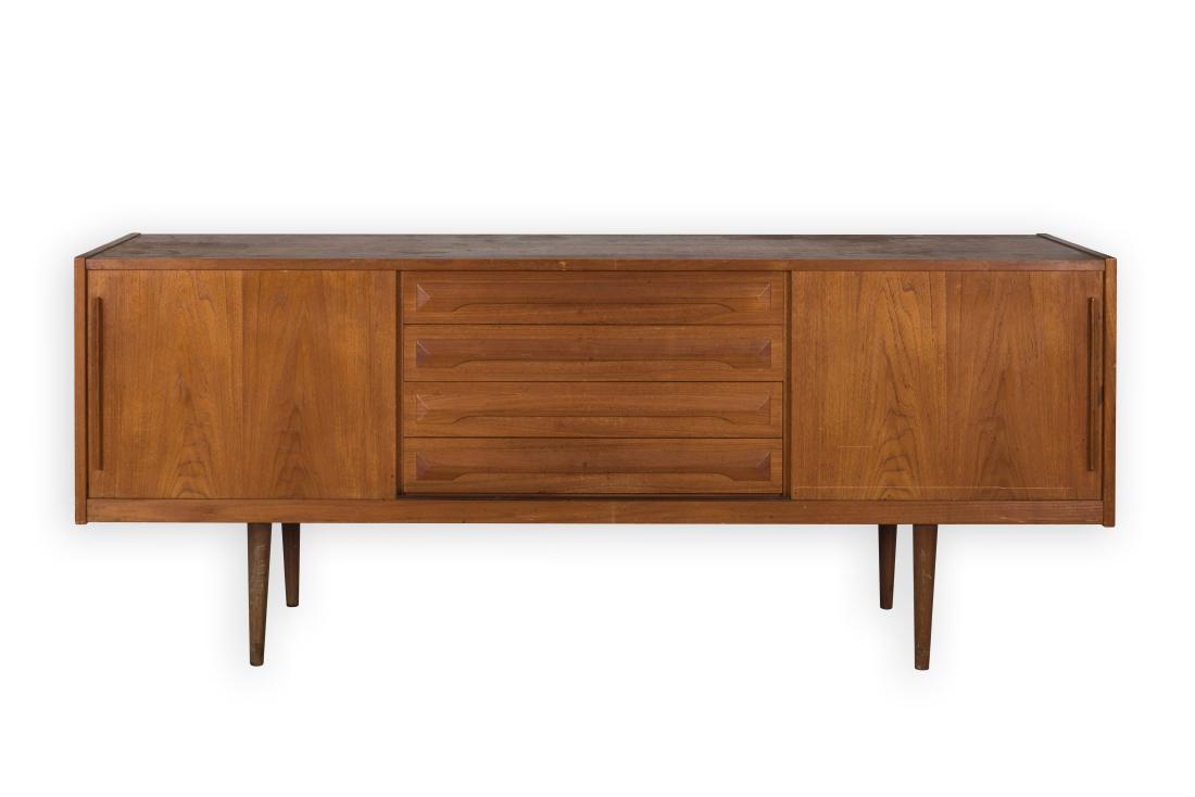 Danish Teak Credenza: Description - A Danish teak credenza with tambour doors. Dimensions - 32" x 79" x 20"