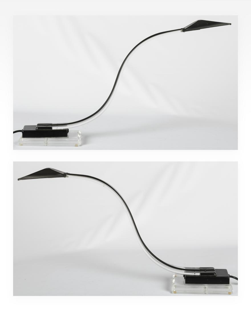 Pair Kenyon Taiwanese "Cobra" Lamps: Description - A pair of Kenyon Taiwanese lucite "cobra" lamps. Dimensions - 15" x 27" x 5"