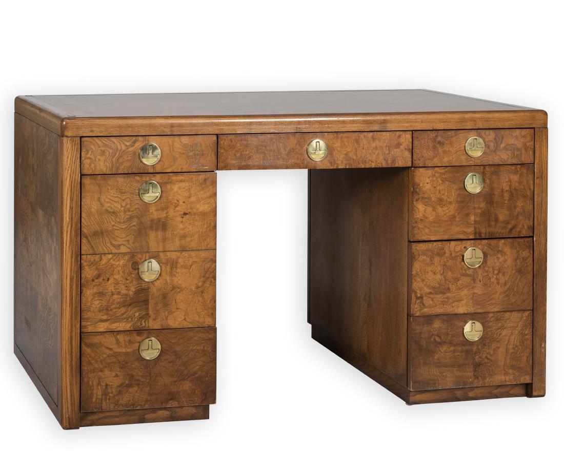 Sligh Burled Desk with Brass Pulls: Description - A Sligh burled desk with brass pulls. Dimensions - 30" x 50" x 26"