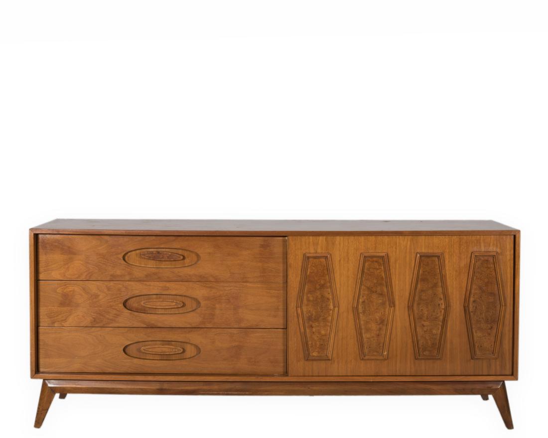 Walnut Credenza with Sliding Doors: Description - A walnut credenza with sliding doors. Dimensions - 32" x 78" x 20"