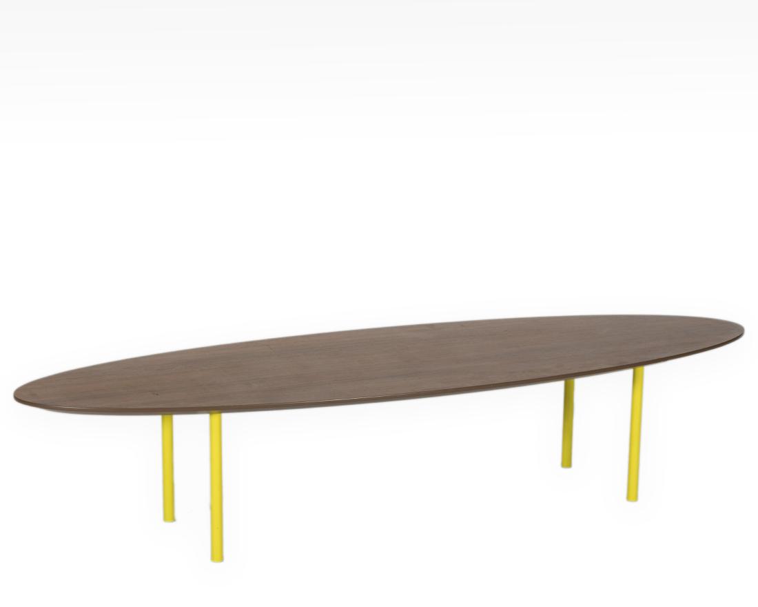 Rosewood Surfboard Coffee Table: Description - A rosewood surfboard coffee table. Dimensions - 12" x 31" x 20"