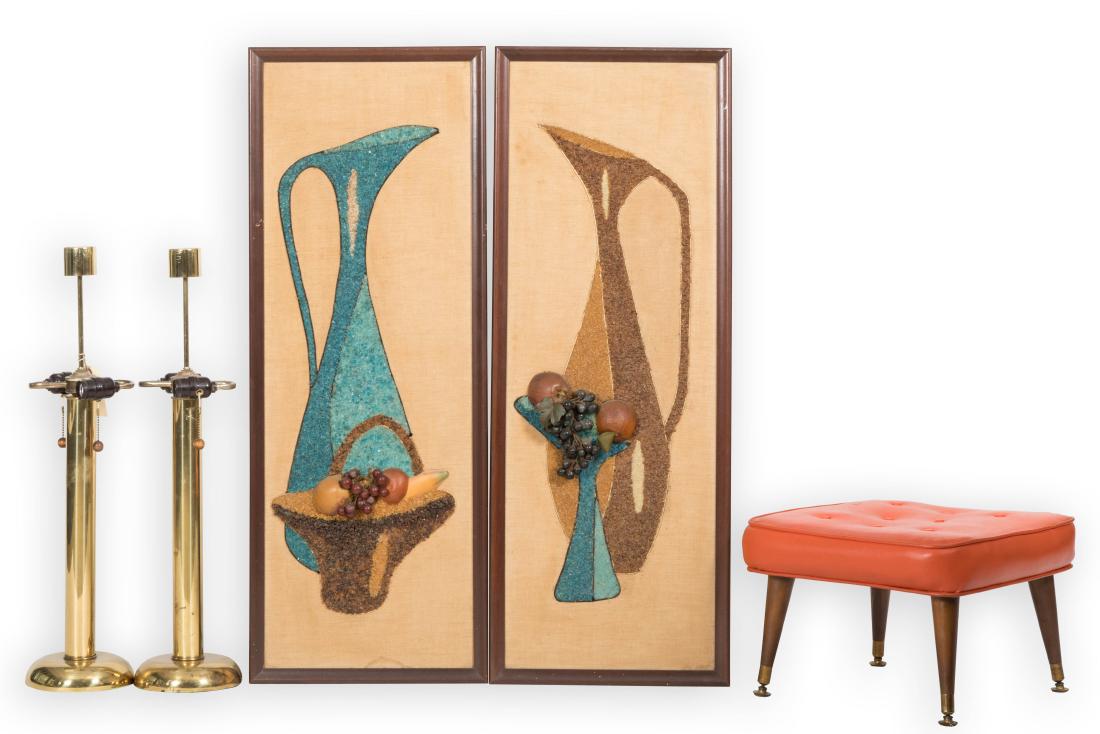 Pair Plaques, Pair Brass Lamps and Footstool (1 of 1)