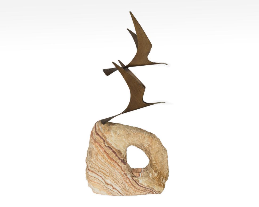 Curtis Jere - Birds in Flight Sculpture - Signed: Description - A Curtis Jere sculpture "Birds in Flight" on a stone base, signed. Dimensions - 32" x 16" x 14"