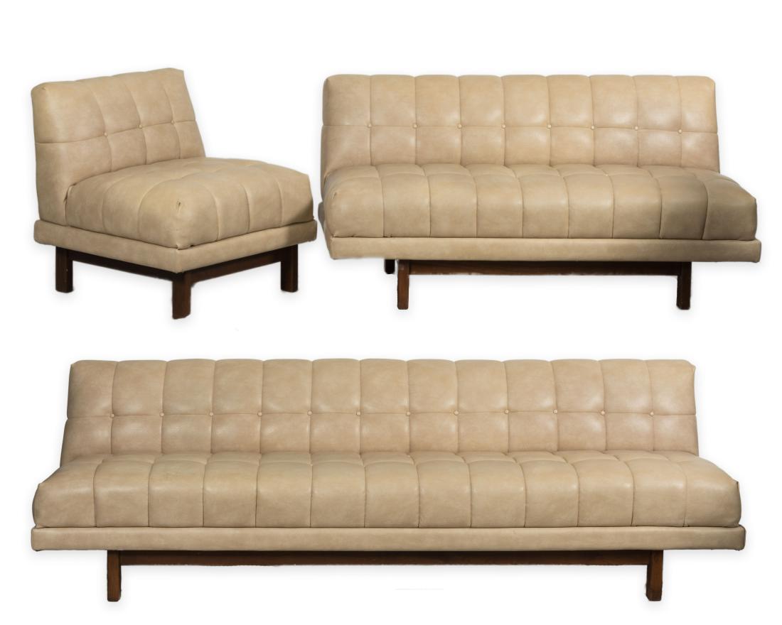 Three Piece Tufted Vinyl Living Room Set: Description - A three piece tufted vinyl living room set. Dimensions - Loveseat - 28" x 61" x 32" Sofa - 29" x 92" x 32"
