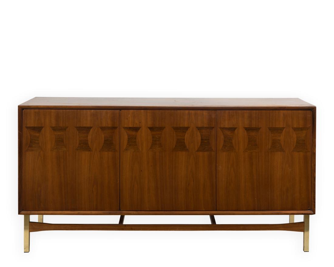 Heritage for Vanleigh Teak Credenza: Description - A Heritage for Vanleigh teak credenza with a teak and brass stretcher. Dimensions - 30" x 60" x 19"