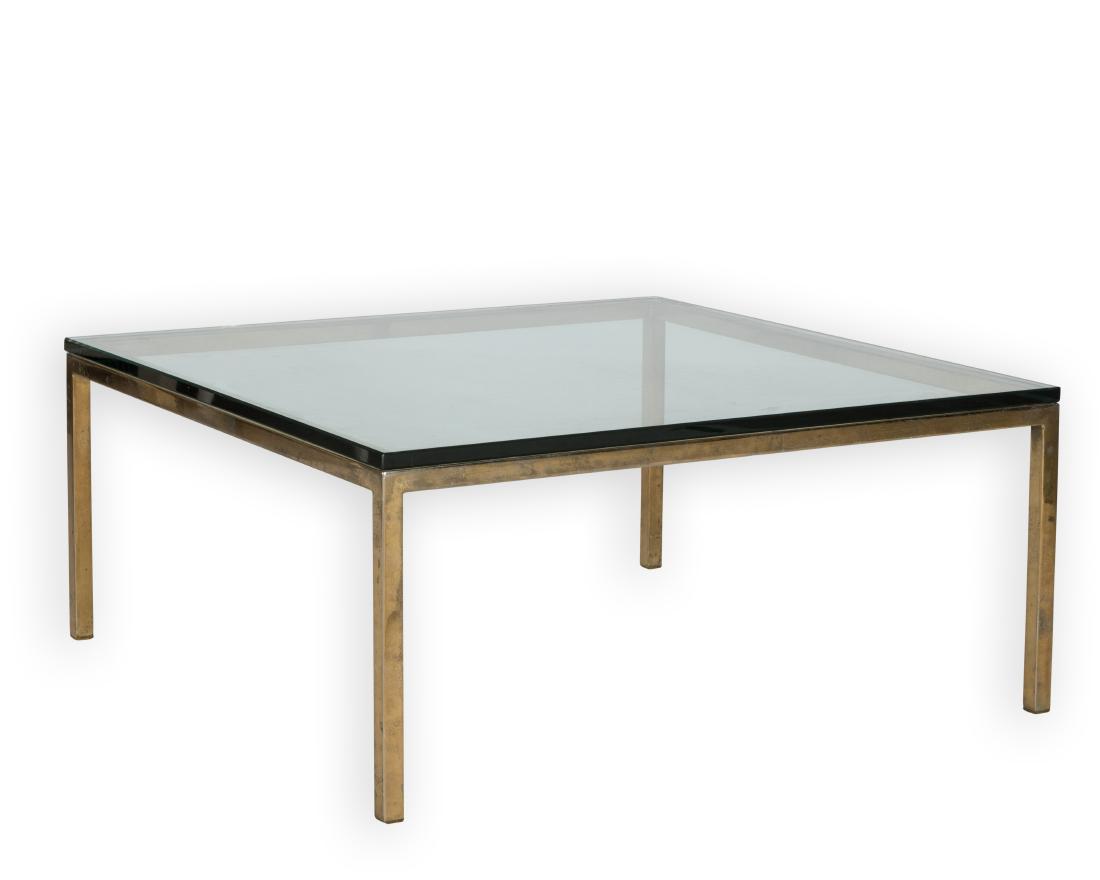 Square Brass and Glass Coffee Table: Description - A brass and glass coffee table. Dimensions - 16" x 36" x 36"