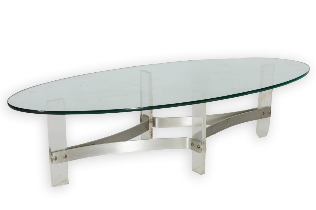Lucite and Aluminum Coffee Table: Description - A lucite and aluminum coffee table with a glass top. Dimensions - 15" x 60" x 27"