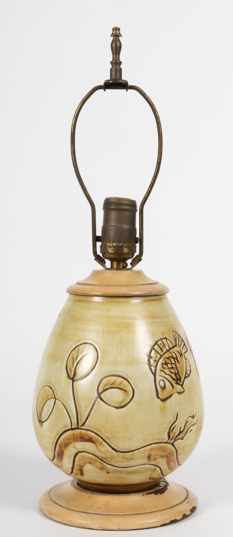 Gertrud Lonegren - Rorstrand - Pottery Lamp: Description - Gertrud Lonegren pottery vase with fish motif. Drilled and fitted to be a lamp. Marked "Rorstrand, Handdrejad. L251". Dimensions - 18" x 7"