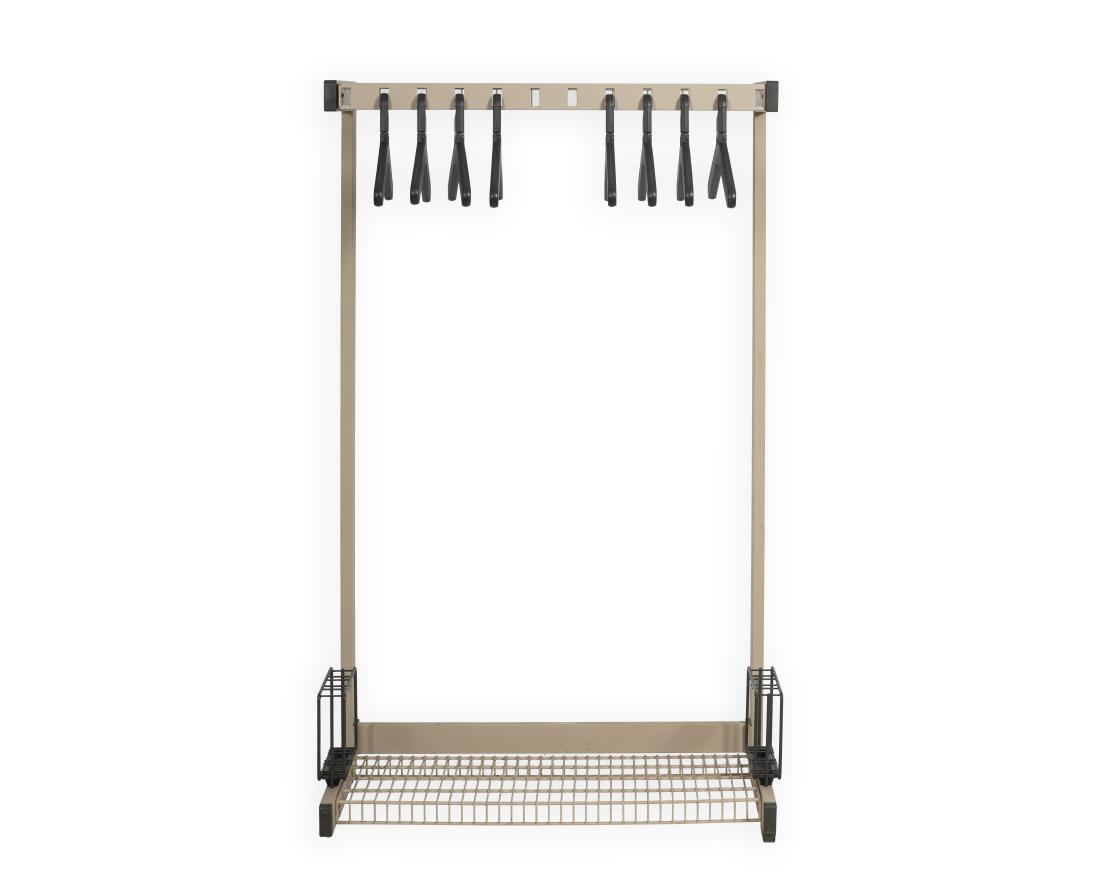 Magnuson Group Coat Rack: Description - A Magnuson Group coat rack with plastic hangers. From the Marcel Breuer's API Building. Dimensions - 60" x 36" x 18"