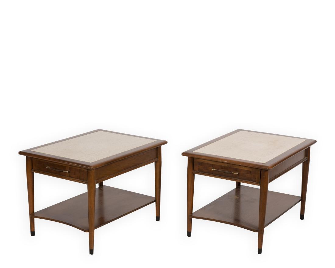 Pair LaneTravertine Marble Top Tables (1 of 3)