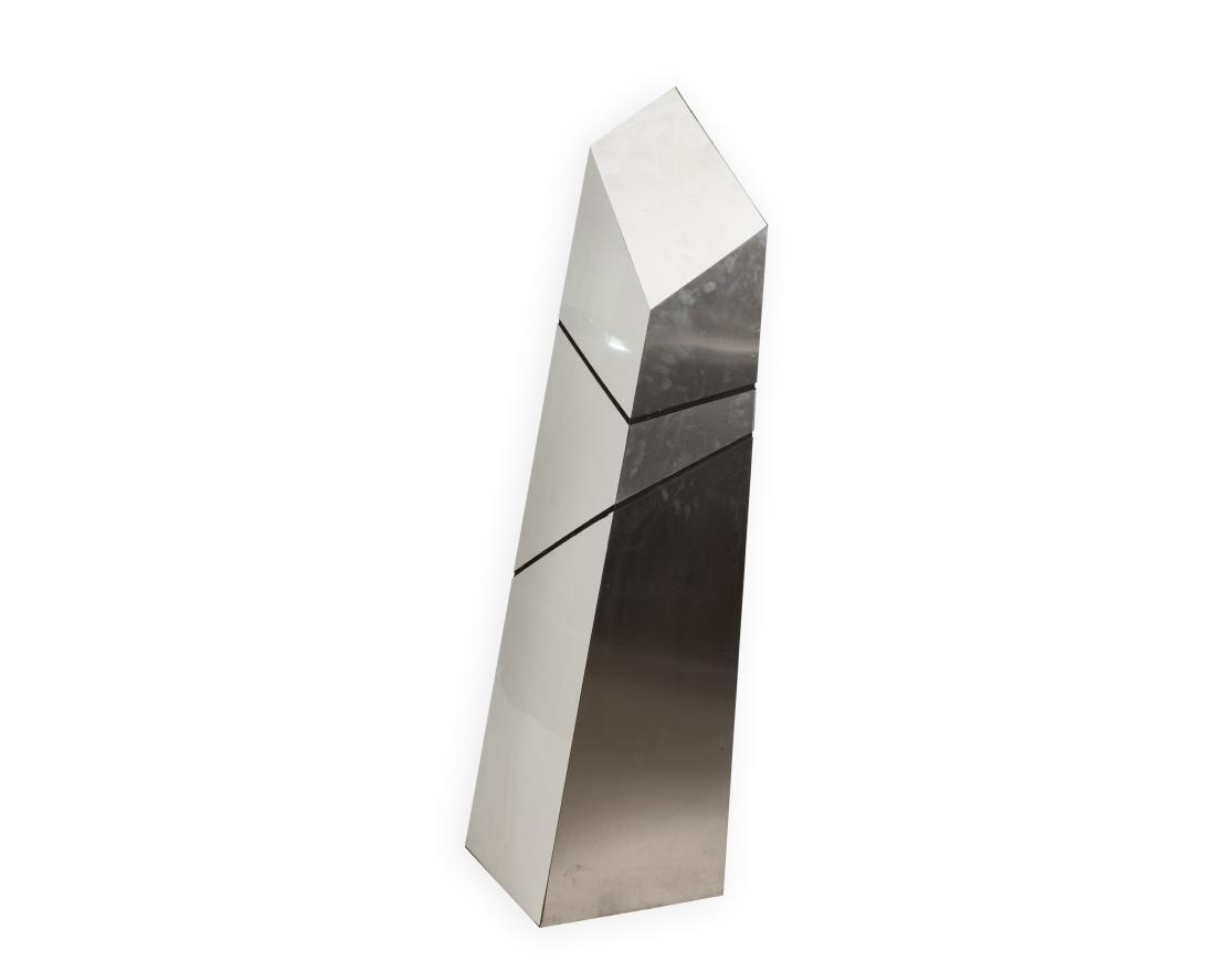 Brushed Aluminum Obelisk Sculpture: Description - A brushed aluminum obelisk sculpture. Dimensions - 64" x 16" x 16"