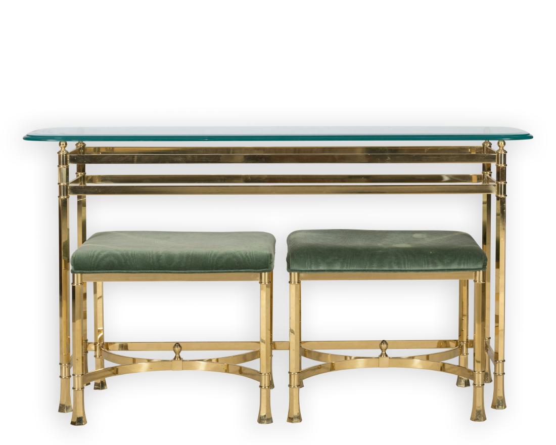 Brass and Glass Console Table with Benches (1 of 3)
