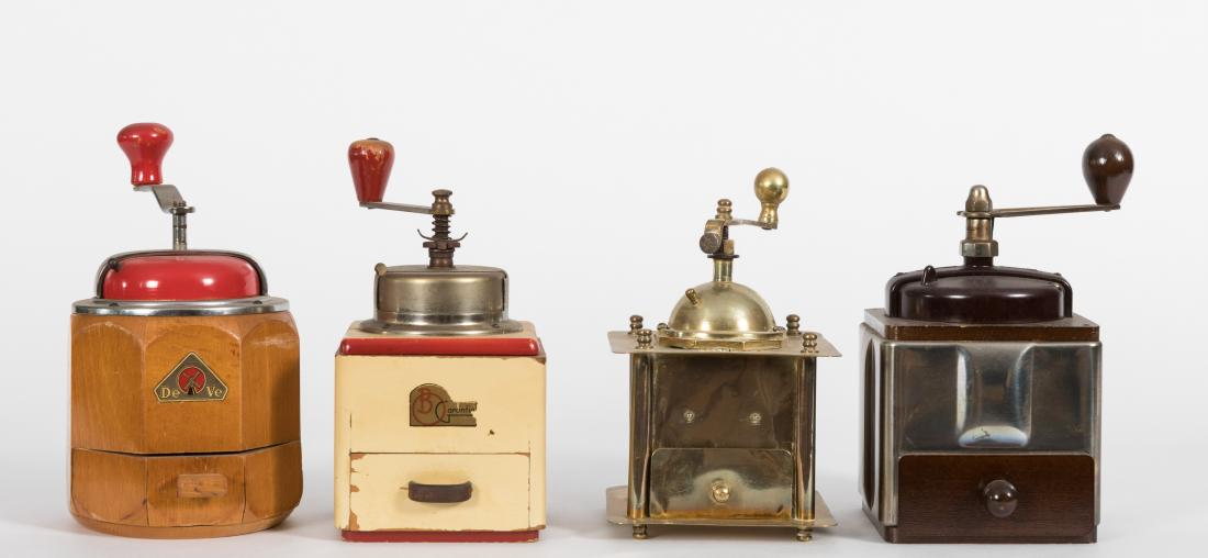 Group Four European Coffee Grinders: Description - A group of four European coffee grinders. Dimensions - Largest - 6" x 5" x 5"