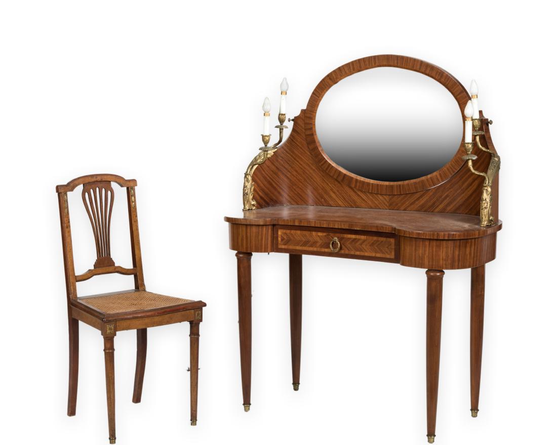 French Vanity with Bronze Ormolu and Chair: Description - A French vanity with bronze ormolu and a chair. Dimensions - Vanity - 51" x 39" x 20"