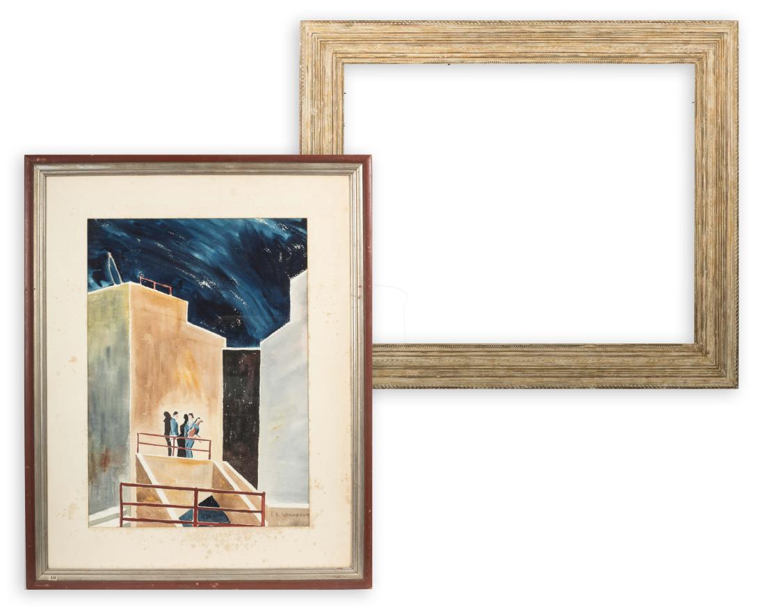 Charlotte D. Schroeder Watercolor and Frame: Description - A Charlotte D. Schroeder watercolor and a Newcomb Macklin frame. Dimensions - Watercolor - Frame - 32" x 40" x 32"