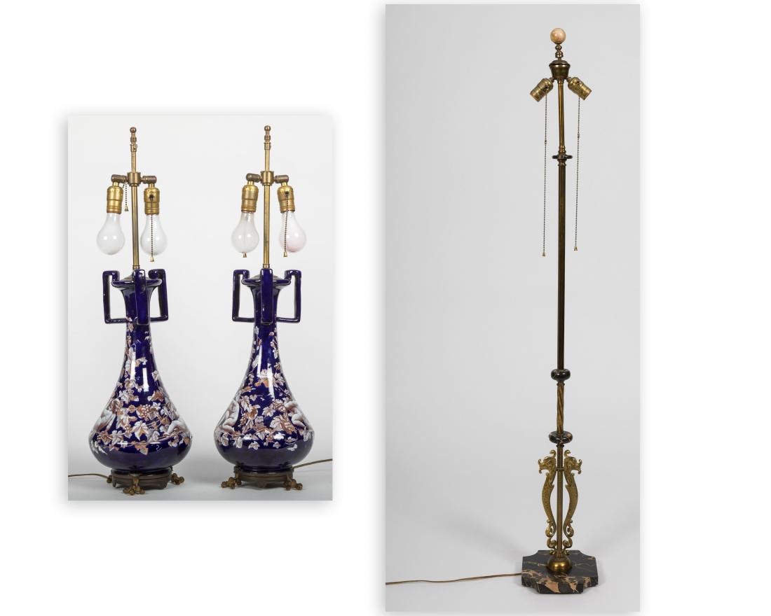 Pair Cobalt Faience Lamps and Floor Lamp (1 of 8)