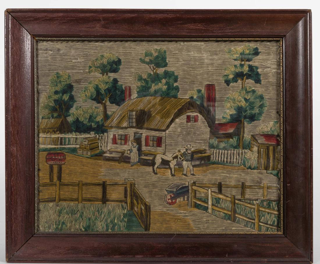 Needlepoint - Country Scene: Description - A needlepoint, country scene. Dimensions - Frame - 18.5" x 22"