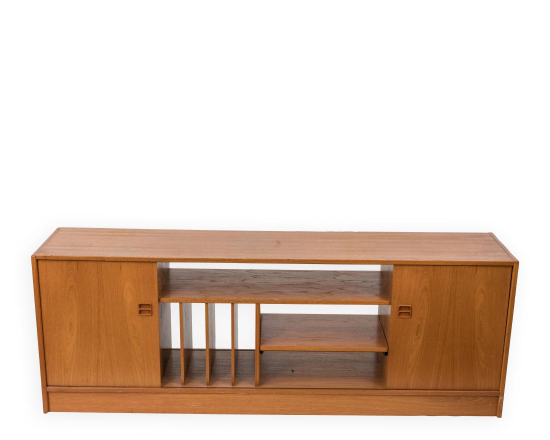 Danish Teak Credenza: Description - A Danish teak credenza with sliding doors. Dimensions - 25" x 70" x 17"