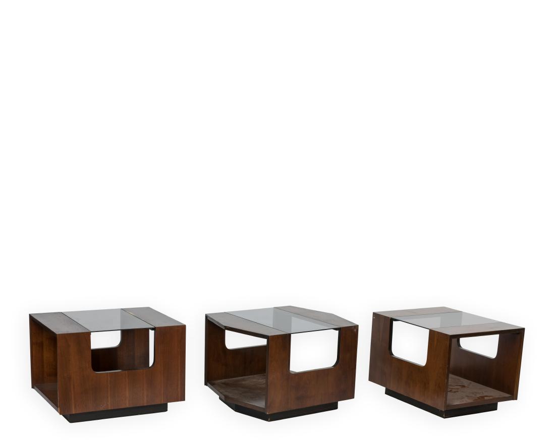 Three Lane Walnut Glass Top Tables (1 of 3)