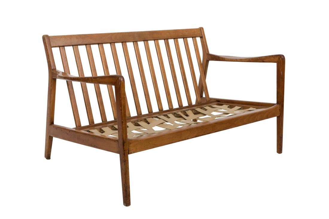 Sculpted Arm Loveseat: Description - A sculpted arm maple loveseat. Dimensions - 27" x 45" x 29"