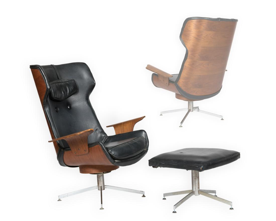 George Mulhauser for Plycraft Chair and Ottoman: Description - A George Mulhauser for Plycraft chair and ottoman. Dimensions - Chair - 45" x 36" x 28"