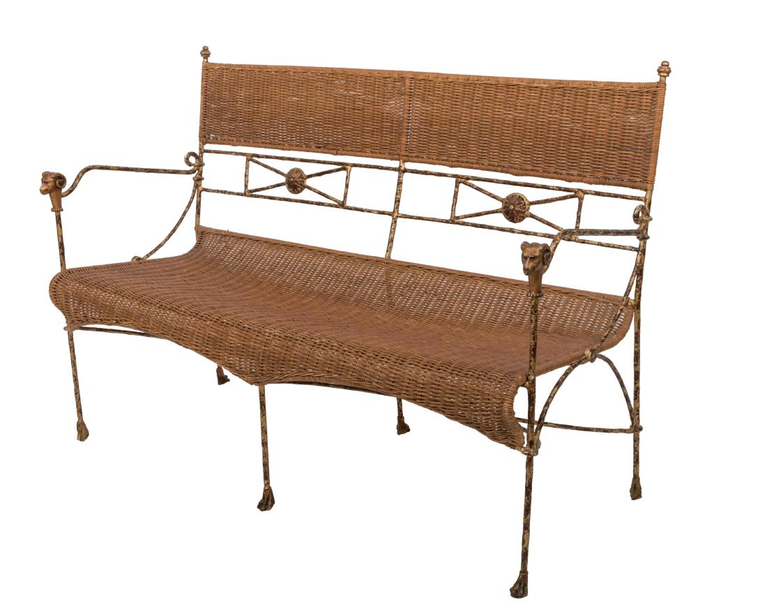 Gilt Iron Wicker Rams Head Loveseat: Description - A gilt iron wicker rams head loveseat. Dimensions - 35" x 51" x 21"
