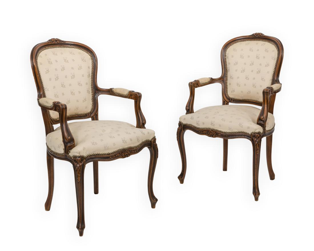 Pair French Arm Chairs: Description - A pair of French arm chairs (W.J. Sloane). Dimensions - 38" x 22" x 23"