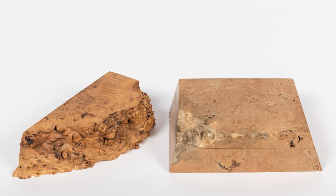 Two Birdseye Maple Boxes - One Michael Elkan: Description - Two Birdseye Maple boxes, including one Michael Elkan. Dimensions - Large box - 2.5" x 8.5" x 6"