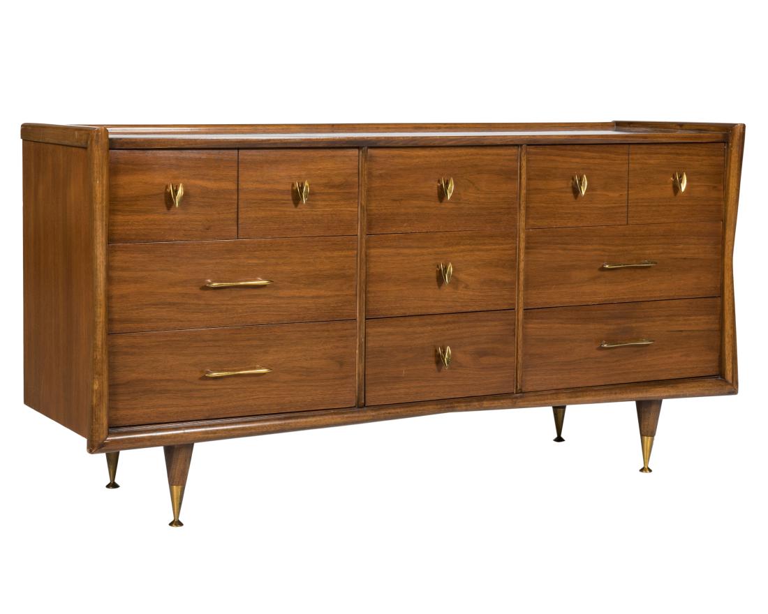 Kent Coffey "The Sharon" Triple Dresser: Description - A Kent Coffey "The Sharon" walnut triple dresser. Dimensions - 33" x 64" x 20"