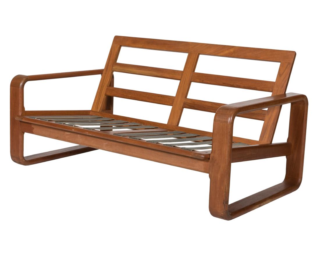 Westnofa Teak Loveseat: Description - A Westnofa bent teak loveseat. Dimensions - 27" x 55" x 30"