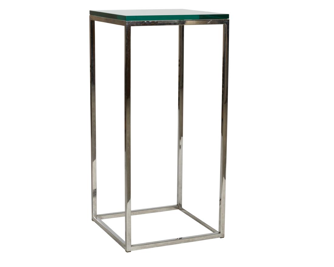 Baughman Style Chrome and Glass Pedestal: Description - A Milo Baughman style chrome and glass pedestal . Dimensions - 36" x 17"