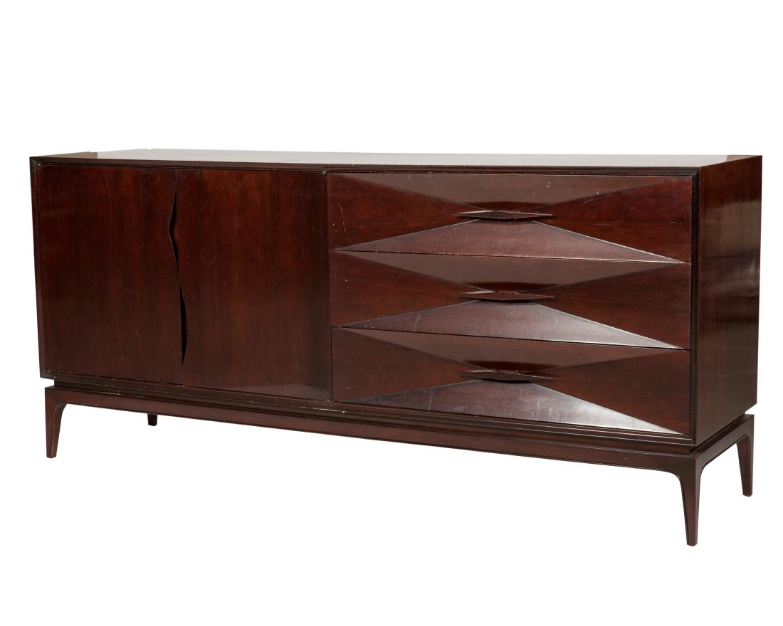 Mid Century Faceted Credenza: Description - A mid century faceted credenza. Dimensions - 33" x 73.75" x 18"