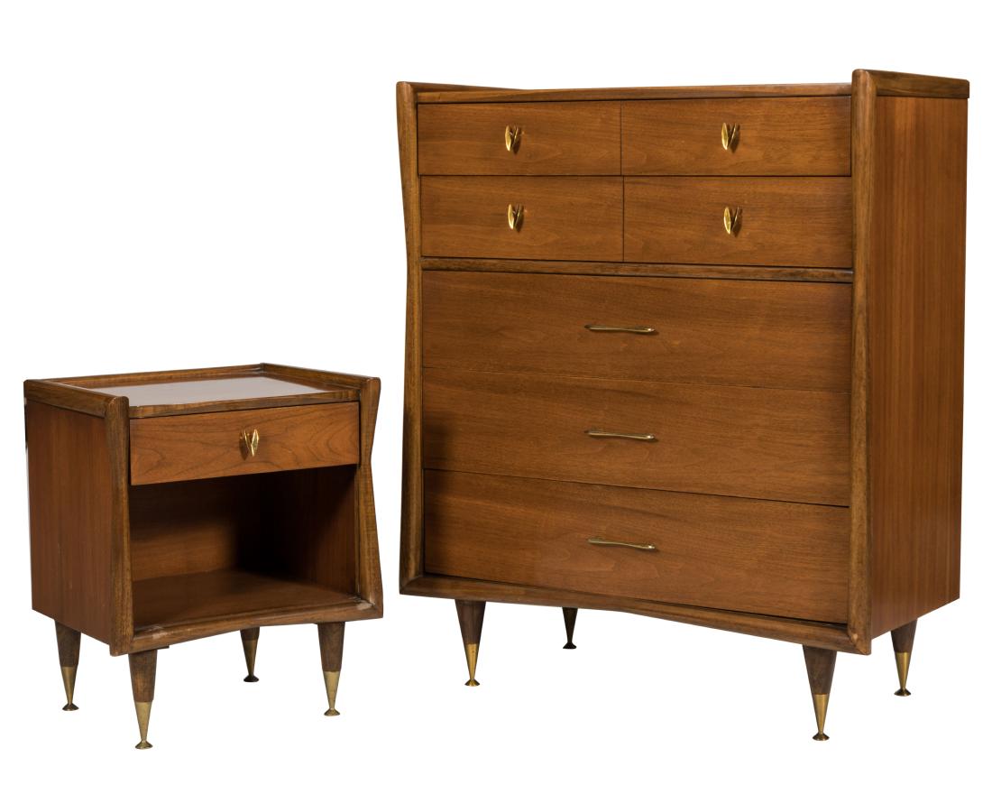 Kent Coffey "The Sharon" Nightstand and Dresser: Description - A Kent Coffey "The Sharon" nightstand and tall dresser. Dimensions - Dresser - 48" x 40" x 20"