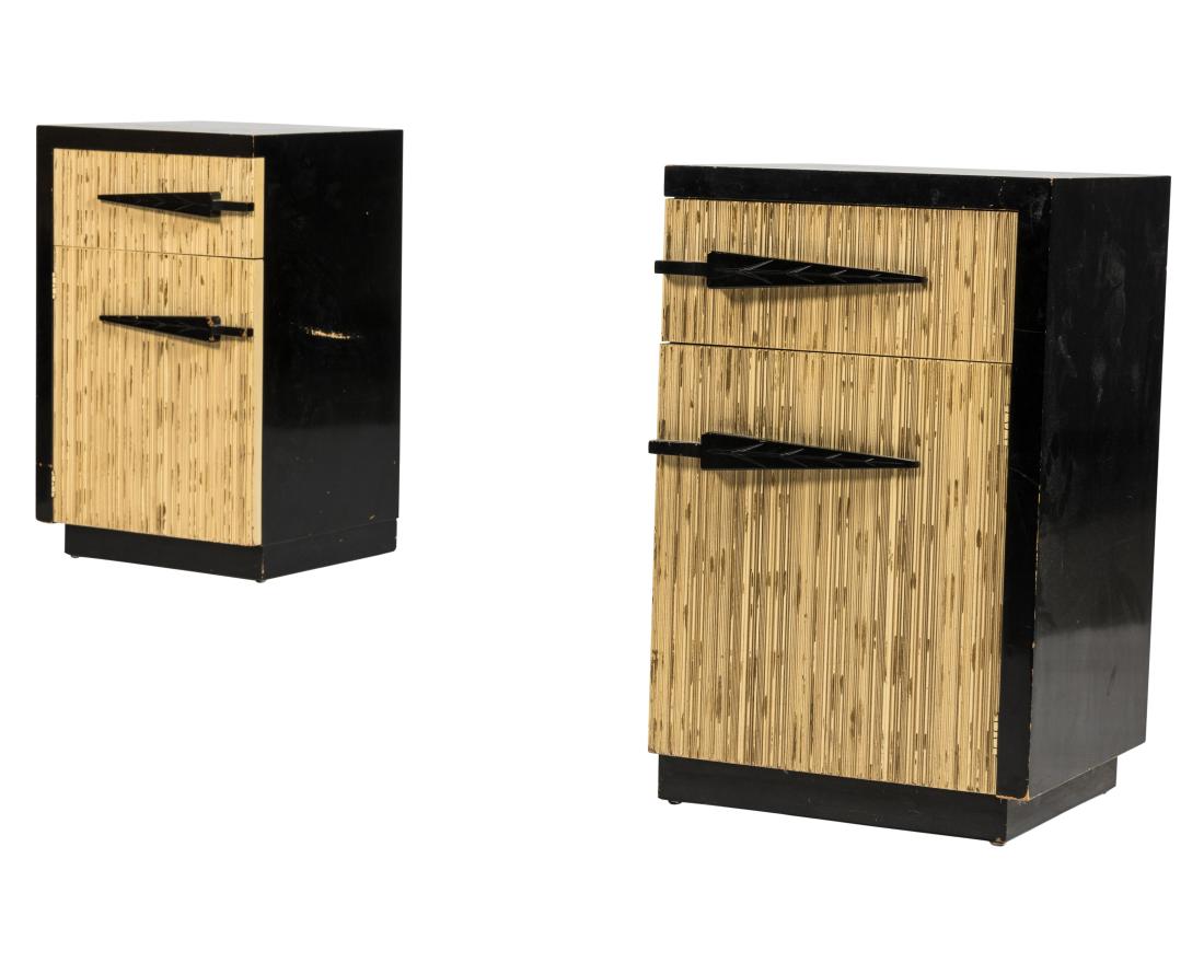Pair Ebonized Nightstands: Description - A pair of ebonized nightstands with center rattan detail. Dimensions - 26" x 15" x 16"