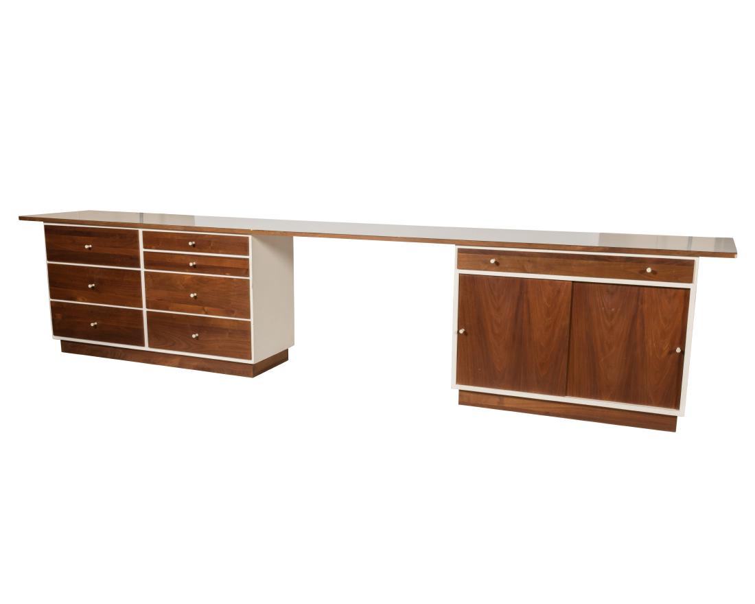 Three Piece Teak and Lacquer Credenza: Description - A three piece teak and lacquer credenza with white pulls. Dimensions - 28" x 132" x 20"