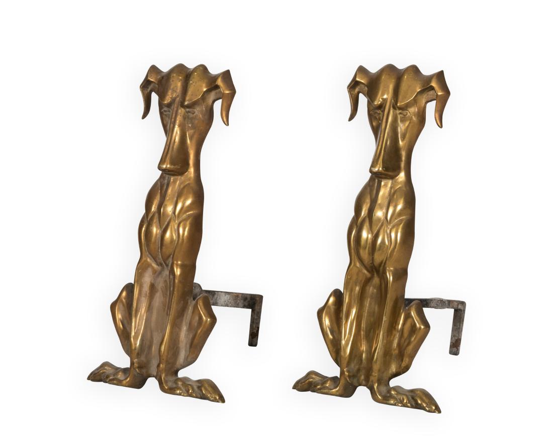 Pair Large Stylized Bronze Andirons: Description - A pair of large stylized bronze andirons of Tennessee Chrome Manufacturing Company. Dimensions - 26" x 13" x 16"