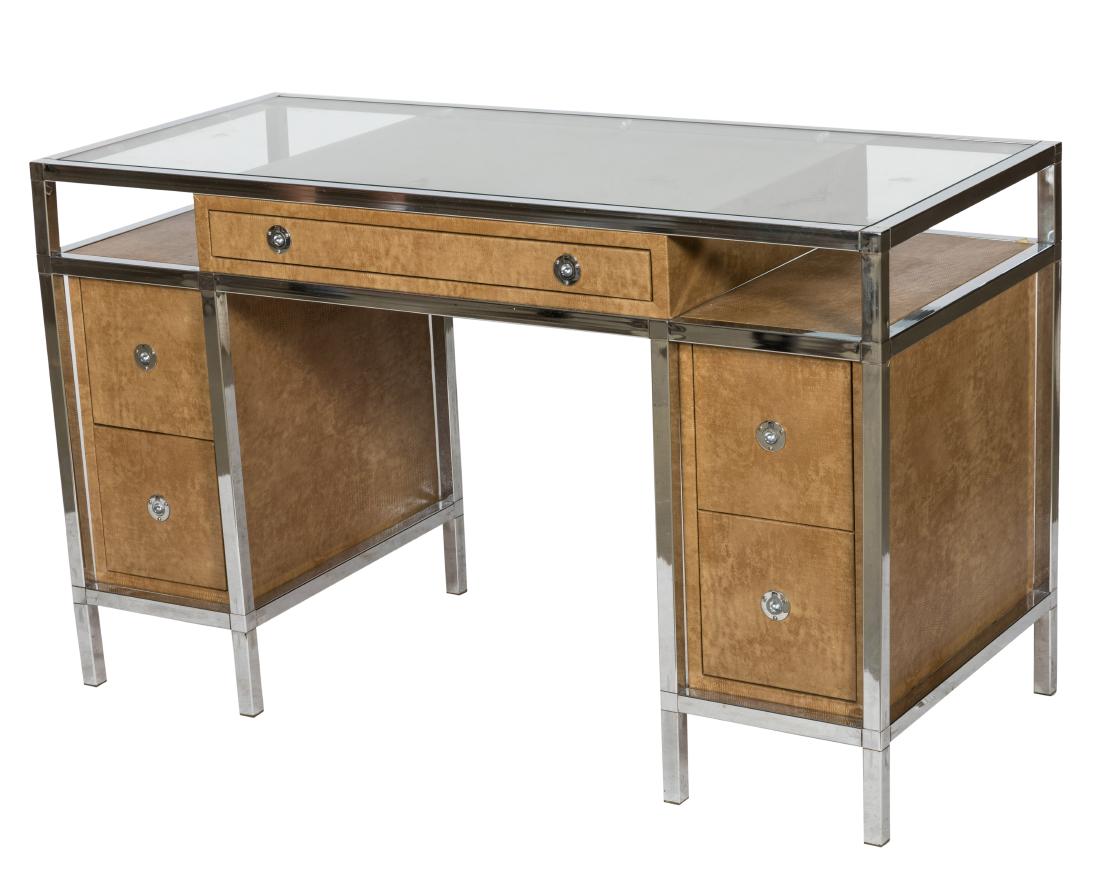 Shagreen and Chrome Desk: Description - A shagreen and chrome desk with display sides. Dimensions - 30.5" x 50" x 22"