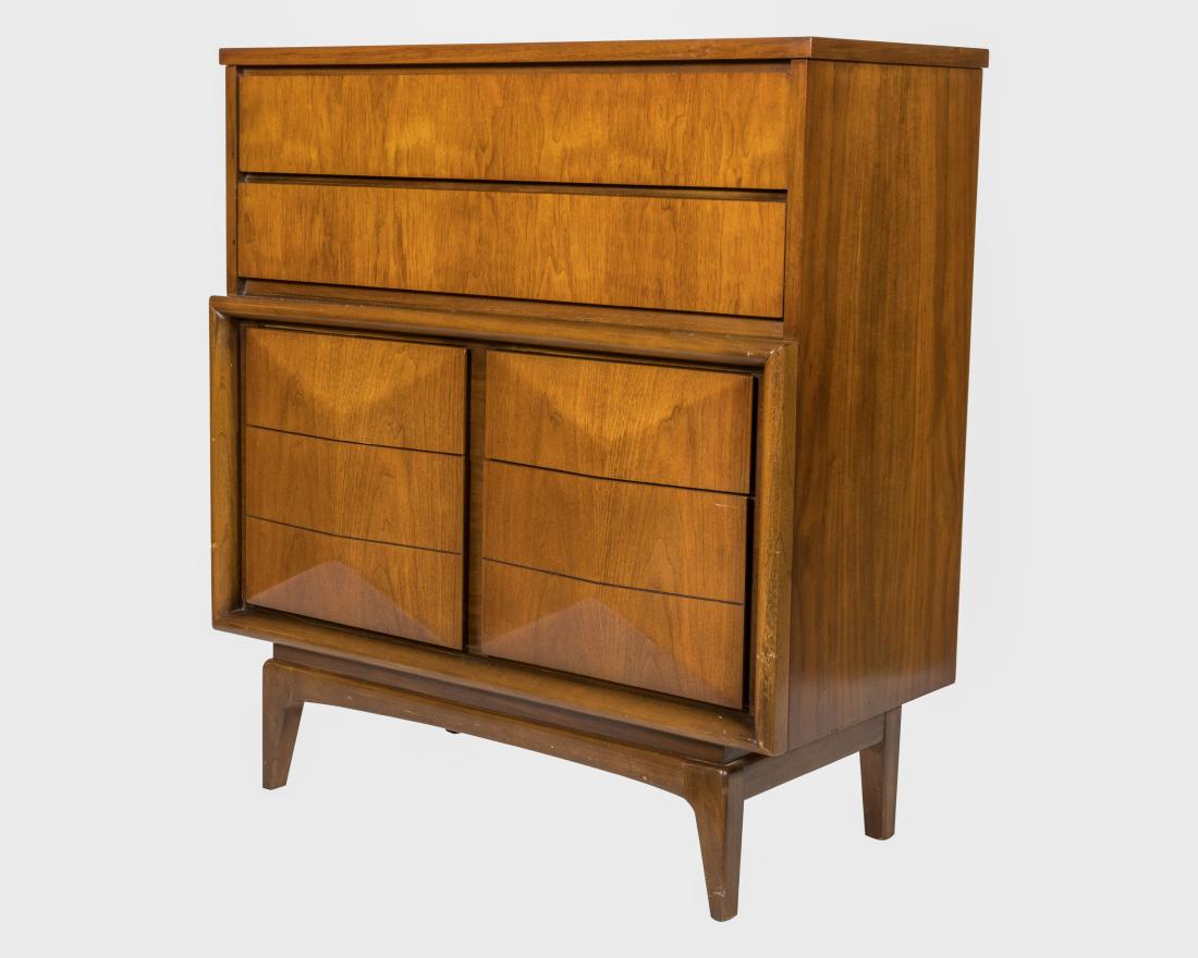 Kagan Style Diamond Front Highboy Dresser: Description - A Kagan style diamond front highboy dresser. Dimensions - 44" x 40" x 19.5"