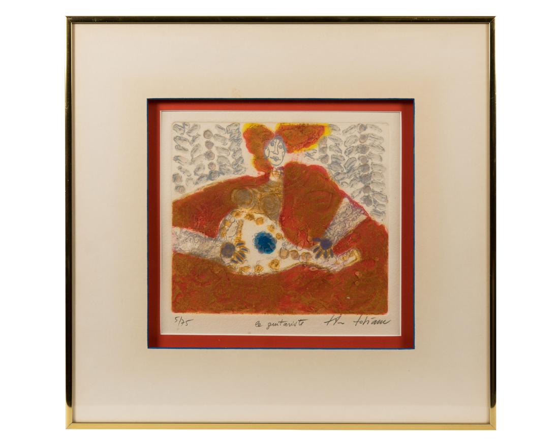 Theo Tobiasse - Intaglio Etching - Le Guitariste: Description - A colored intaglio etching by Theo Tobiasse, titled "Le Guitariste". Signed, titled and numbered in pencil along lower margin. Dimensions - Frame - 18" x 19" Sight - 10" x 10"