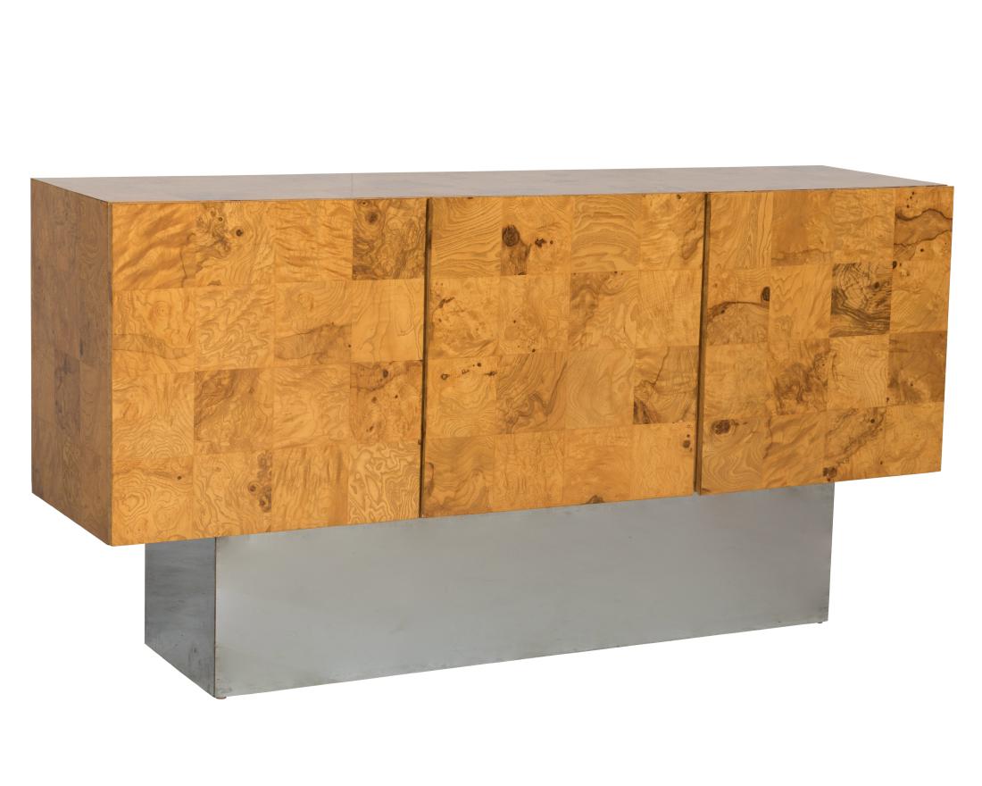 Milo Baughman for Thayer Coggin Credenza: Description - A Milo Baughman for Thayer Coggin burl and chrome credenza. Dimensions - 34" x 66" x 17.5"