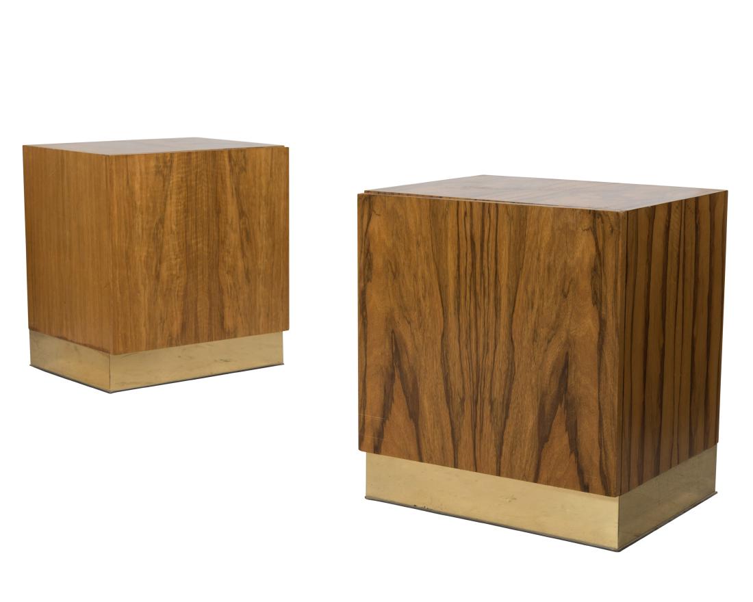 Pair Thayer Coggin Nightstands: Description - A pair of Thayer Coggin burl and brass nightstands. Dimensions - 24.5" x 22" x 18"