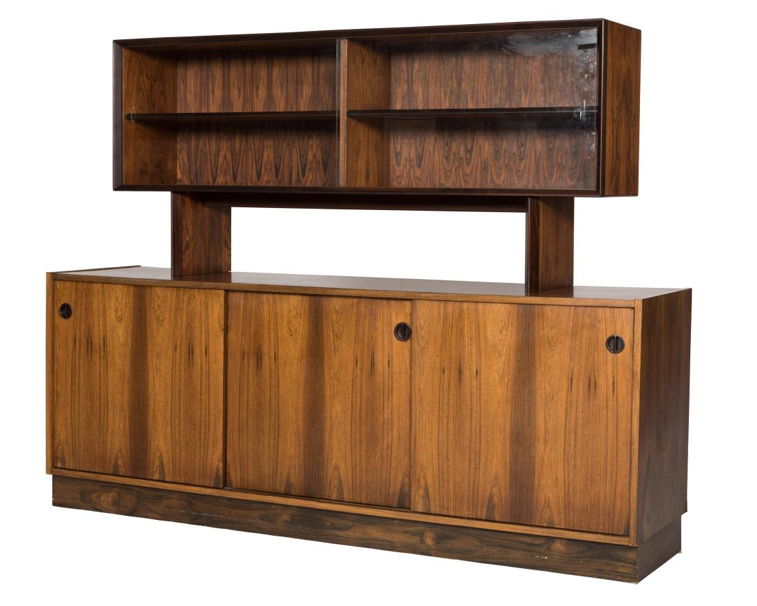 Two Part Rosewood Credenza: Description - A two part rosewood credenza. Dimensions - 56" x 72" x 18"